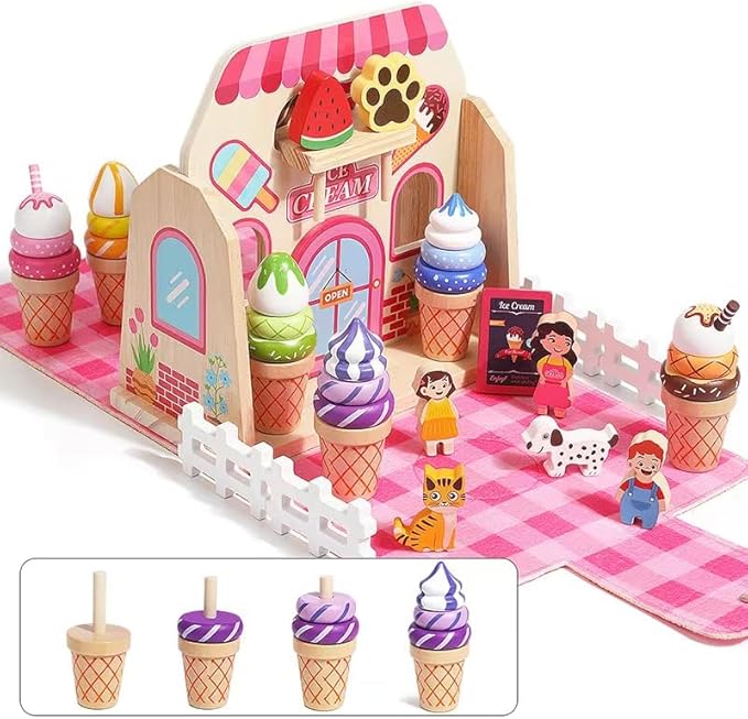 Wooden Ice Cream Shop Toy Set with Handbag, 39 Pcs Pretend Play Food & Ice Cream Toys for Toddlers 3-5 Birthday Gift , Montessori Learning Educational Toys Color Sorting, Play Kitchen Accessories