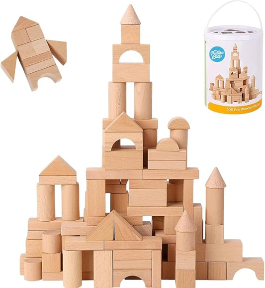 Pidoko Kids Wooden Blocks - 100 Pcs - Building Blocks for Toddlers - Includes Storage Container with Shape Sorter Lid - Natural Beech Wood Blocks - Preschool Learning Toys Stacking Block