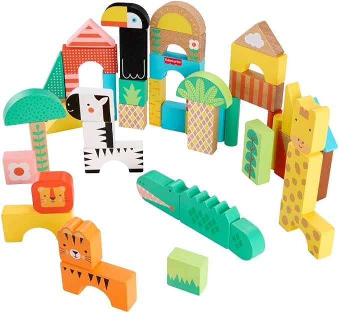 Fisher-Price Wood Toddler Toy Jungle Blocks, 50-Piece Wooden Animal Building Set for Preschool Pretend Play Kids Ages 2+ Years