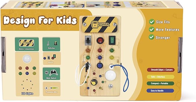Montessori Wooden Busy Board with 8 LED Light switches, Sensory Toys Light Switch Travel Toys for 1+ Year Old Baby and Toddler