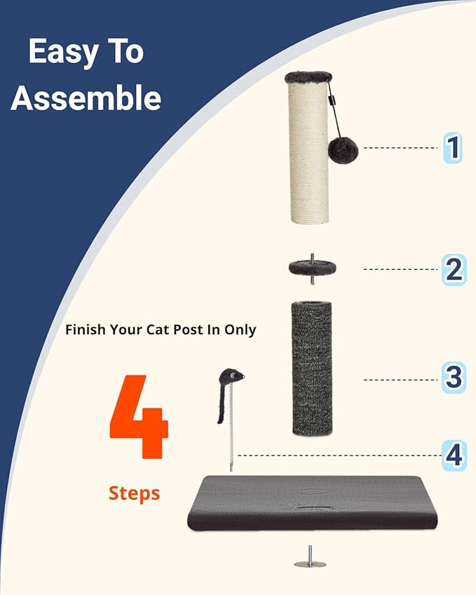 Happi N Pets 29.5" Tall Cat Scratching Post, Cat Scratcher for Indoor Cats, Sisal Scratch Post & Carpet Post in One, Stable Cat Scratch Post with Two Toys, Extra Free Toy, Smokey Gray