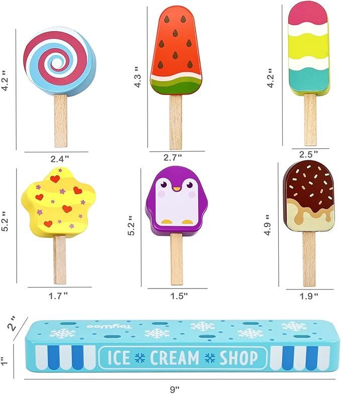 Wooden Ice Cream Toy for Kids, Toddler Pretend Play Food Ice Lolly Pops Set, Preschool Educational Toys and Gifts for Kids Age 3 4 5 6 Years Old