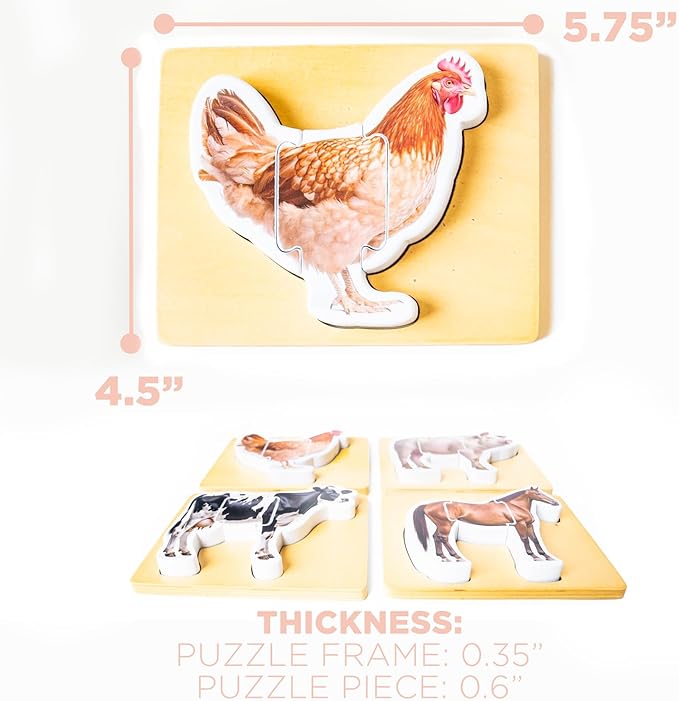 Wooden Montessori Animal Puzzles for Toddlers 2+ Years | Realistic Chunky Farm Animal Shape Puzzle | Educational Learning Toy - Three-Piece Farm Animal Puzzles