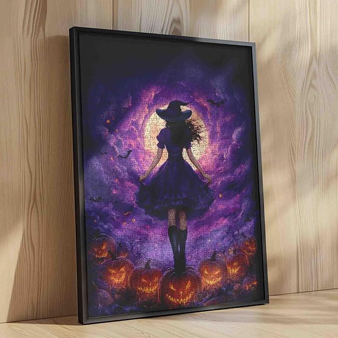 Halloween Witch Puzzle 1000 Pieces for Adults Pumpkin Field Full Moon Night Sky Jigsaw Puzzle Spooky Fall Aesthetic Challenging Puzzles for Women Men Teens Halloween Purple Art Home Decor Gift