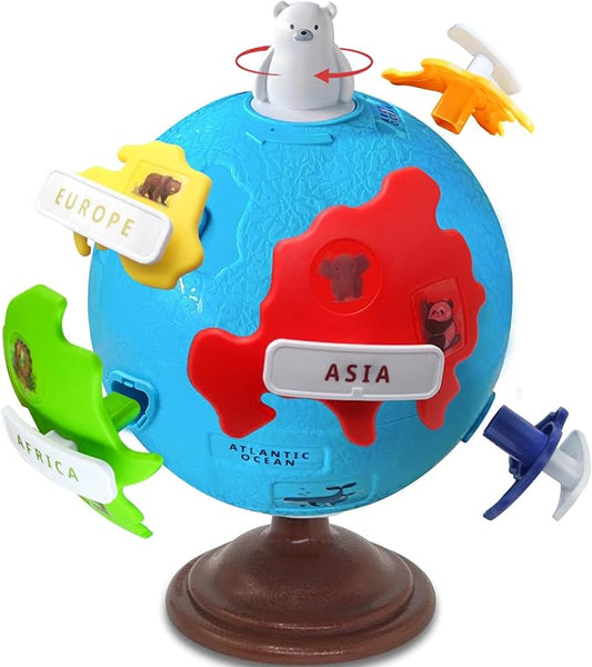Spinning Globe for Children–Interactive Geography Learning Toy for Kid 3+, 8" Educational Puzzle Globe with 6 Continent & 12 Animial | STEM Geography Game for Kids 4-8, Preschool Birthday Gift