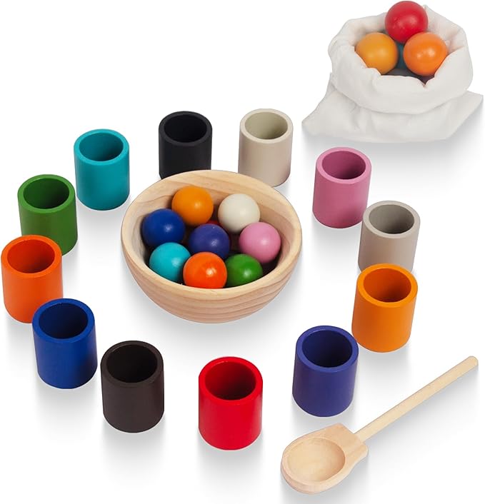 Rainbow Balls in Cups Toddler Montessori Toys for 3 Year Old Up, Kids Preschool Wooden Matching Games for Learning Color Sorting and Counting
