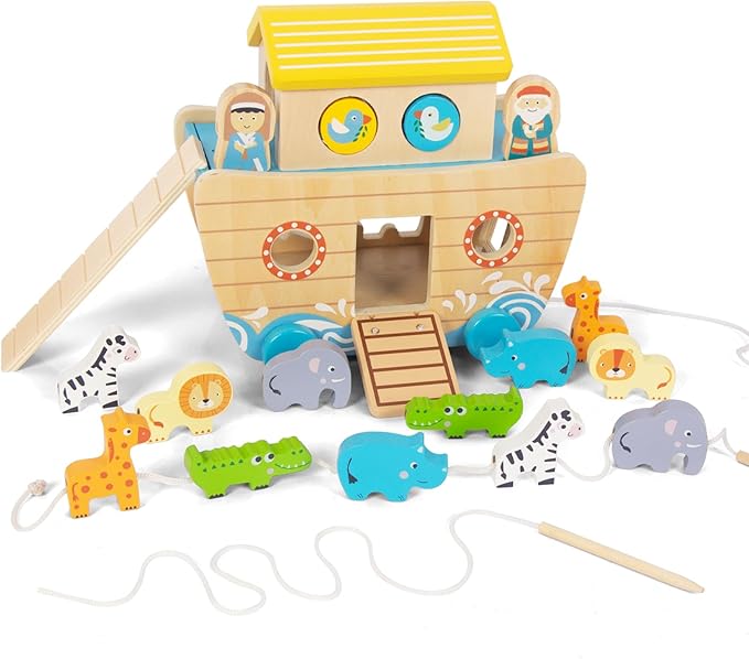 Toddlers Wooden Noah's Ark Toy Animal Playset, Shape Sorter Early Learning Montessori Toys, Baptism Gifts for 3 Boys Girls Kids