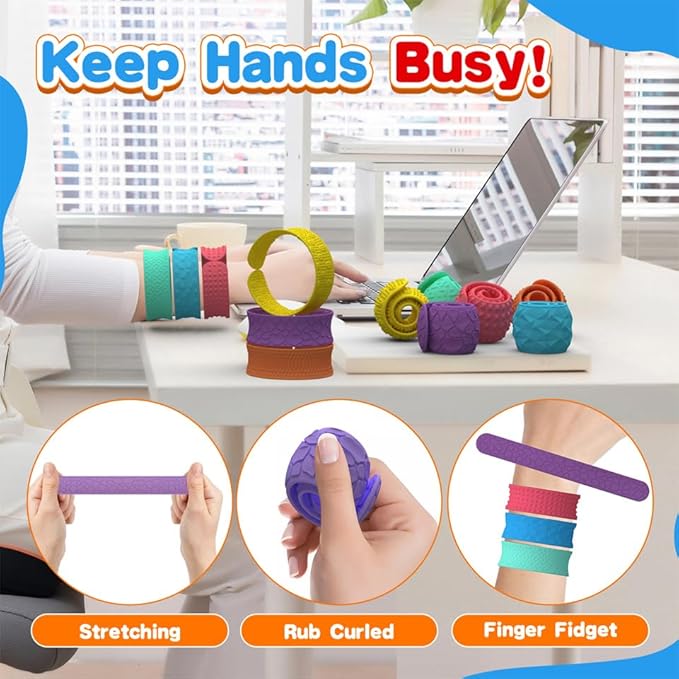6 PCs Fidget Toys Slap Bracelets,Sensory Toys for Kids with Autism,Textured Silicone Anxiety Relief Items for Adults,Calm Down Classroom Toys,Wearable Stress Fidgets for Adults Office Desk