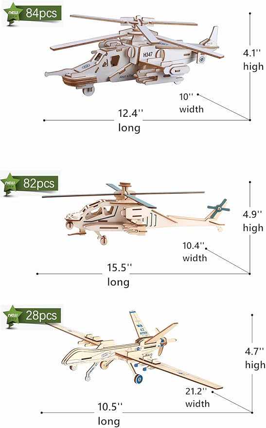3D Wooden Puzzle - 6 Piece Set Aircraft & Helicopter Wooden Crafts Assembly Building Model Kits - Wood Aircraft & Helicopter STEM DIY Brain Teaser Puzzle for Kids and Adults Teens Boys Girls