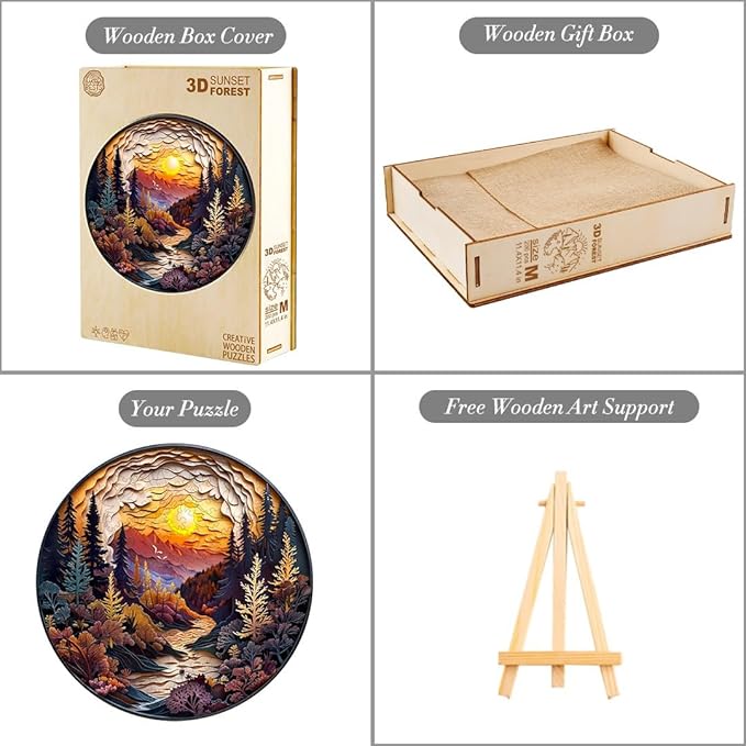 Wooden Puzzles for Adults, Fathers 3D Visual Effect Sunset Forest Wooden Jigsaw Puzzle Kids,Unique Shape Wood Puzzle Adults, Birthday Gift Family Games (S-8.5 * 8.5in-100pcs)