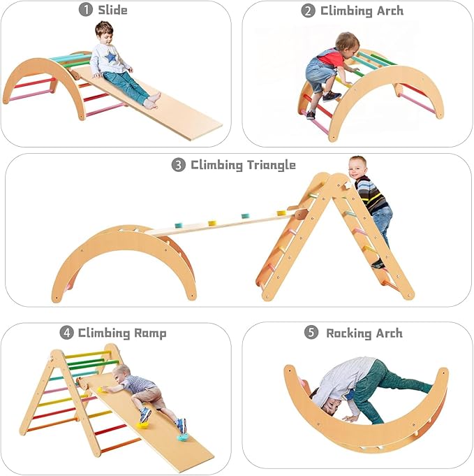 Asweets 4 in 1 Pikler Triangle Gym, Montessori Foldable Climber with Ramp, Indoor Climbing Toys for Kids, Climbing Triangle for Toddlers Arch Climber, Rocker, Learning Waldorf Children Toy, Rainbow