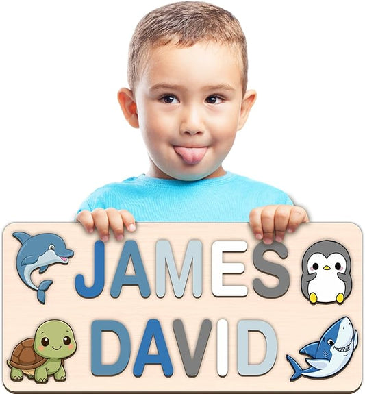 LOVELYPOD Personalized Name Puzzle for Kids, Custom Name Puzzles for Toddlers 1-3 Animal Puzzle, Customized 1st Birthday for Girls & Boys Wooden Toys for Kids, for New Baby - Style 19