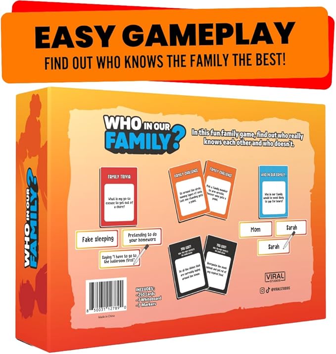 Viral Studios Who in Our Family? – Hilarious Family Party Game | Trivia, “Most Likely to” & Head-to-Head Challenges | Fun Family Game Night Card Game for Kids, Teens & Adults