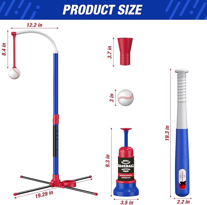 3-in-1 Baseball Set for Kids 3-5 - Tee Ball Stand, Hanging Tee, Ball Launcher and 6 Softballs - Adjustable Height, Indoor/Outdoor Sport Gifts for Boys Girls, Blue