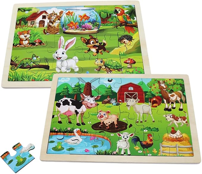 Set of 4 Packs Wooden Animals 24-PC Jigsaw Puzzles Wood Jigsaw Puzzles for Kids 3+ Years up Preschool Educational Puzzles Boards Toys Gifts