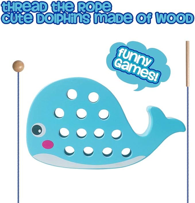 Skrtuan Wooden Lacing Whale Toy - Montessori Travel Puzzle Game with Car & Airplane, Fine Motor Skills Educational Toys for Toddlers 3 4 5 Years