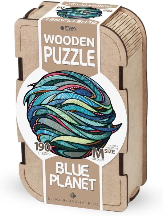 Eco-Wood-Art Wooden Puzzle - Blue Planet M | Unique Round Jigsaw Puzzle for Adults | 3D Earth Globe Decor | 300 Intricate Pieces | Eco-Friendly Home Decor Gift