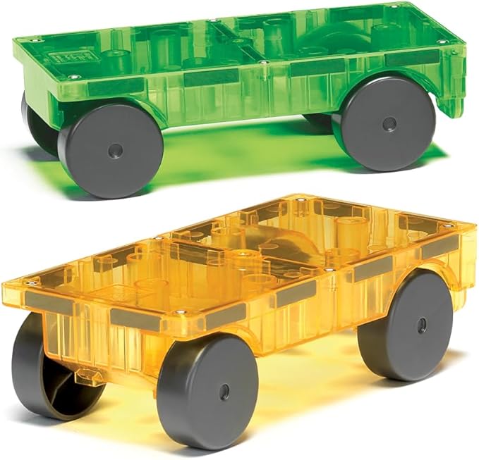 MAGNA-TILES Cars – Green & Yellow 2-Piece Magnetic Construction Set, The ORIGINAL Magnetic Building Brand