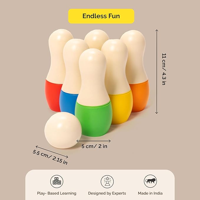 Shumee Montessori Wooden Kids Bowling set 2+ Years, Eco-Friendly Toddler Bowling Sets with 6 Pins & Ball, Indoor/Outdoor Bowling Set For Kids, Muscle & Brain Development, 100% Child-Safe Toy - Stripes
