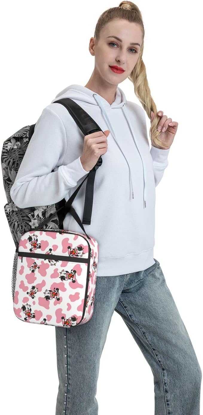 Strawberry Pink Cows Print Reusable Lunch Box Food Bag Insulated Lunch Bag for Teenage Boys Girls School Beach