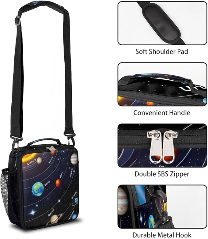Galaxy Lunch Bags for Boys Insulated Lunch Boxes Rectangular Waterproof Lunch Tote Bag with Adjustable Shoulder Strap Portable Planet Picnic Bag for School Work Outdoor Gifts