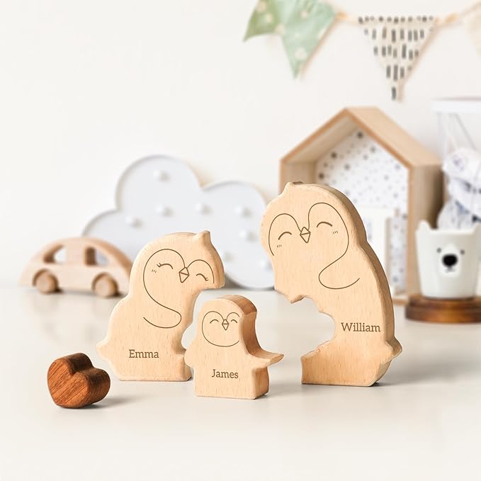Wooden Penguin Family Puzzle, Personalized Puzzles with 2-5 Names, Fathers Day Birthday Personalized Gifts for Kids Boys Girls Mom Dad Grandma, Christmas Thanksgiving Decorations