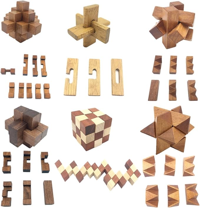 Guaishou 6-in-One 3D Luxury Wooden Brain Puzzle Teaser Kongming Lock for Teens and Adults Includes Storage Box