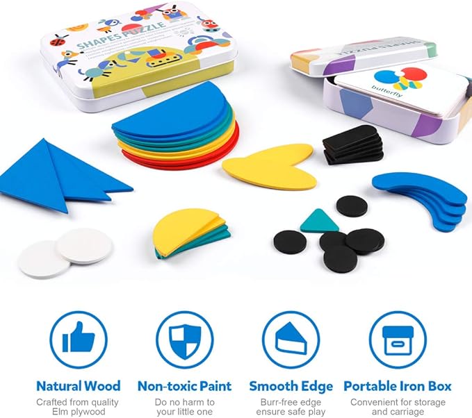 Coogam Wooden Pattern Blocks - Tangram Shape Puzzle Set Color Sorting Stacking Game Wood Animal Jigsaw Preschool Montessori Brain Teaser STEM Gift for 3 4 5 Years Old Toddler Kids (60 Pattern Cards)