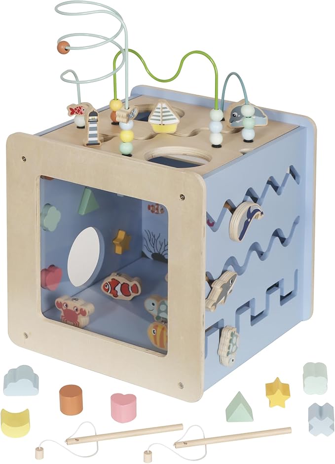 Wooden Activity Cube with Bead Maze, 7-in-1 Montessori Toys for 1+ Year Old Boys&Girls,Kids Educational Learning Toys for Toddlers Age 1-2,Under The Sea Adventure Cube with Fishing Game&Shape Sorter