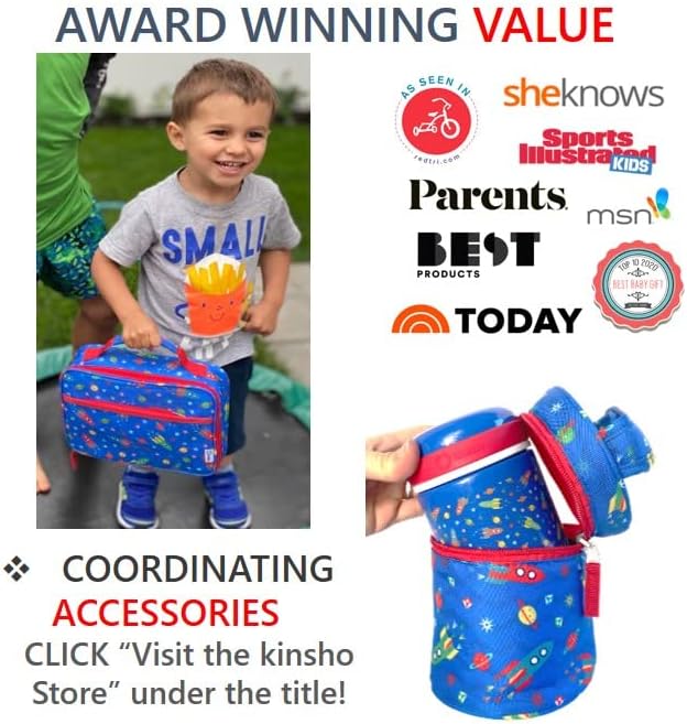 Bento Box with Thermo Stainless Steel Food Jar for Hot-Cold Food or Soup, Insulated Lunch Bag & Ice Pack Set for Kids or Toddlers. Ages 3-7, Blue Space Rockets
