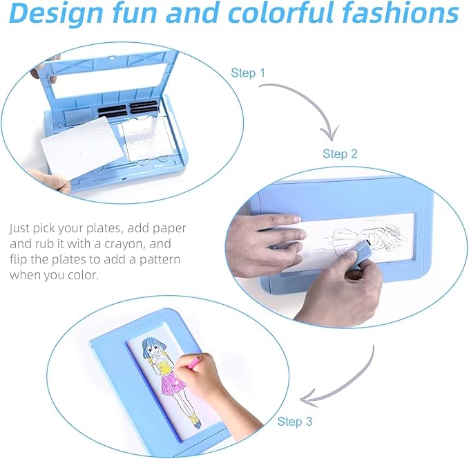 Kids Fashion Design Drawing Kit, 15 Double-Sided Rubbing Plates, Texture Art Set with Crayons, Colored Pencils, Paper & Frame, STEM Toys for Girls & Boys Ages 5+, Travel Art Supplies, Birthday Gift
