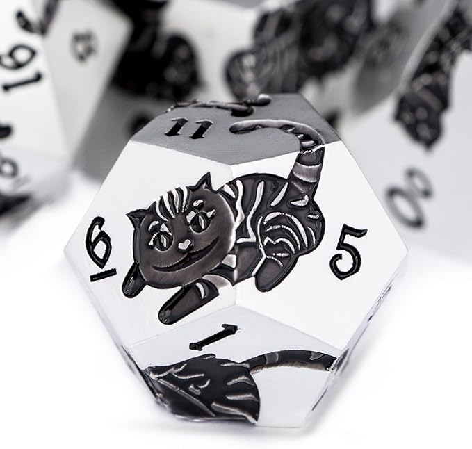 Metal DND Cat Dice 7PCS Polyhedral RPG Dice Set with Gift Case for Dungeons Dragons Role Playing Game, D and D Dice D6 D8 D10 D12 D20 D% (Silver Black)