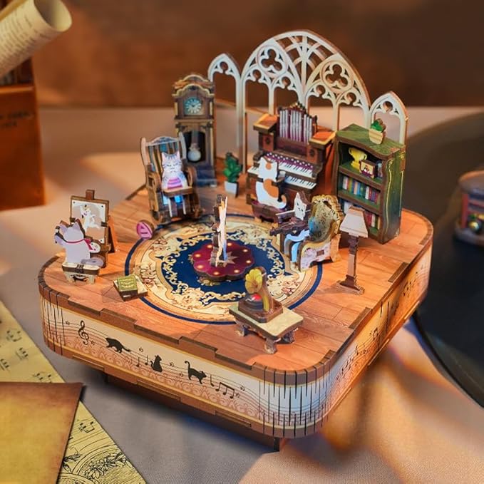 Tonecheer Wooden Music Box Puzzle for Adults,DIY Rotating Music Box Kit 3D Creative Musical Puzzle Crafts Model Building Kits Desk Decor for Teens Kids Birthday Gift (Cats Family)