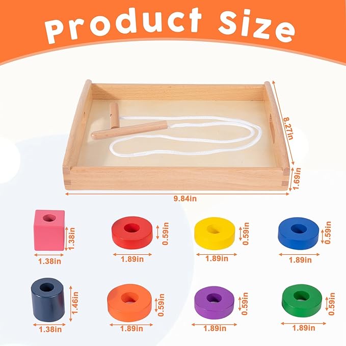 Adena Montessori Wooden Lacing with Tray Stringing Bead Set Toy,Montessori Wooden Beads Shape Sequencing Set for 1 2 3 Year Old Toddler,Fine Motor Skills Preschool Educational Learning for Kids Gifts