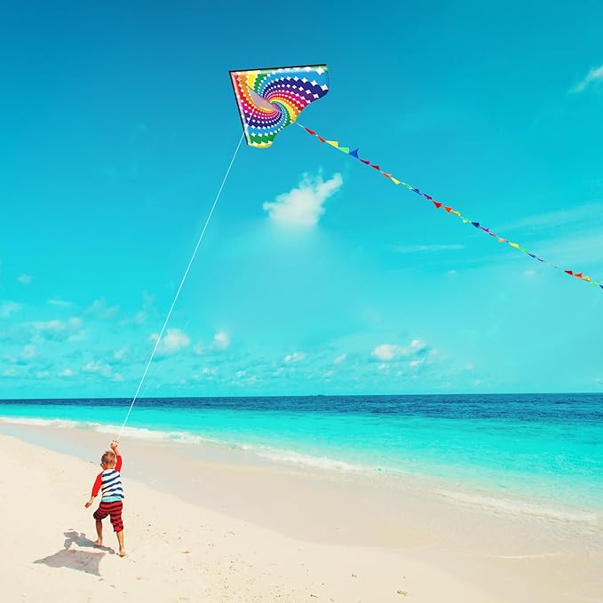 HONBO Large Delta Kite for Kids & Adults,Extremely Easy to Fly Kite for Beach Trip,String Line Included,with Colorful Tail,Perfect for Beginners