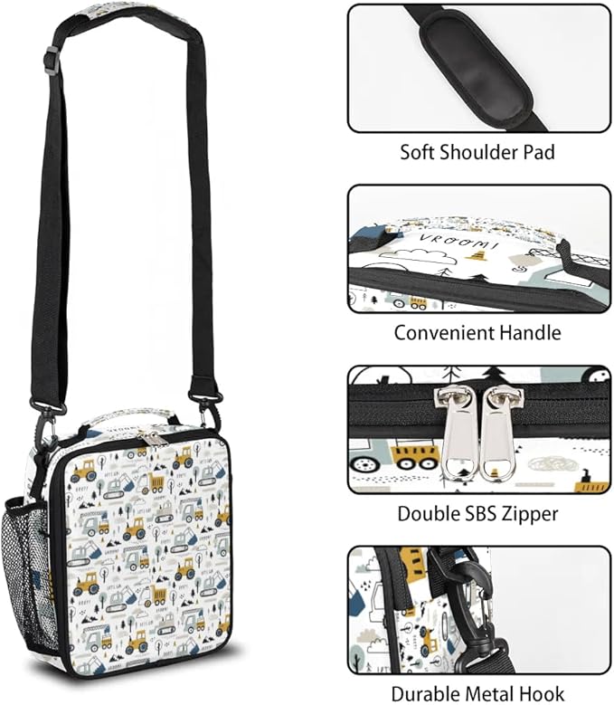Excavator Car Large Lunch Box,Insulated Lunch Bags with Adjustable Shoulder Strap,School Thermal Lunchbox Cooler Tote Handbag,Waterproof Portable Tote Lunch Bag for School Picnic Work Office
