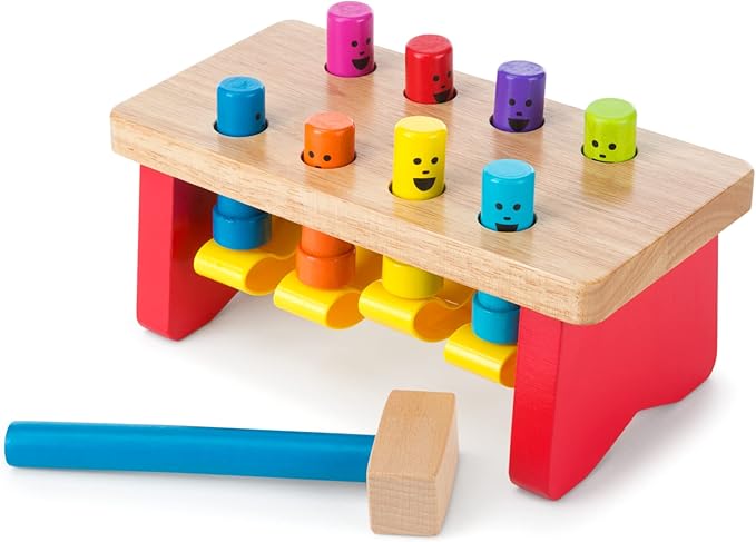 Melissa & Doug Geometric Stacker - Wooden Educational Toy & Deluxe Pounding Bench Wooden Toy with Mallet