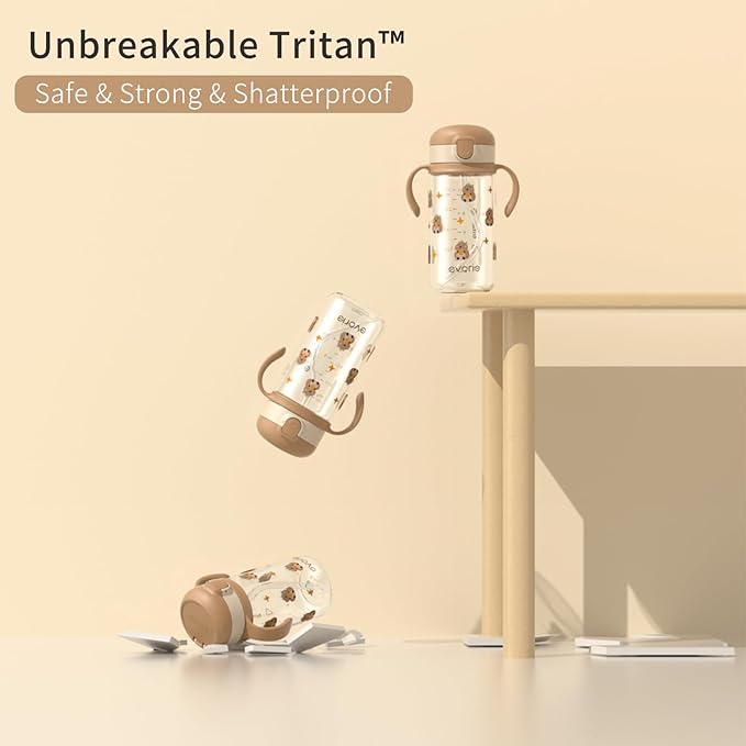 Evorie Tritan Spill Proof Toddler Straw Sippy Cup, 10 oz for Baby and Toddlers 1-3 Years Old, No Spill Straw Water Bottle with Removable Handles, Ideal for School, BPA-Free, Green Dino (NEW)