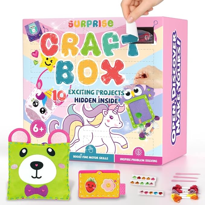 Sewing Kit for Beginner Kids, 10Pcs Unicorn DIY Box Arts and Crafts, My First Felt Kit Projects, Blind Box Craft Supplies, Learn to Sew Embroidery Kit, Birthday Gift for Girls 3 4 5 6 7 8 Years Old