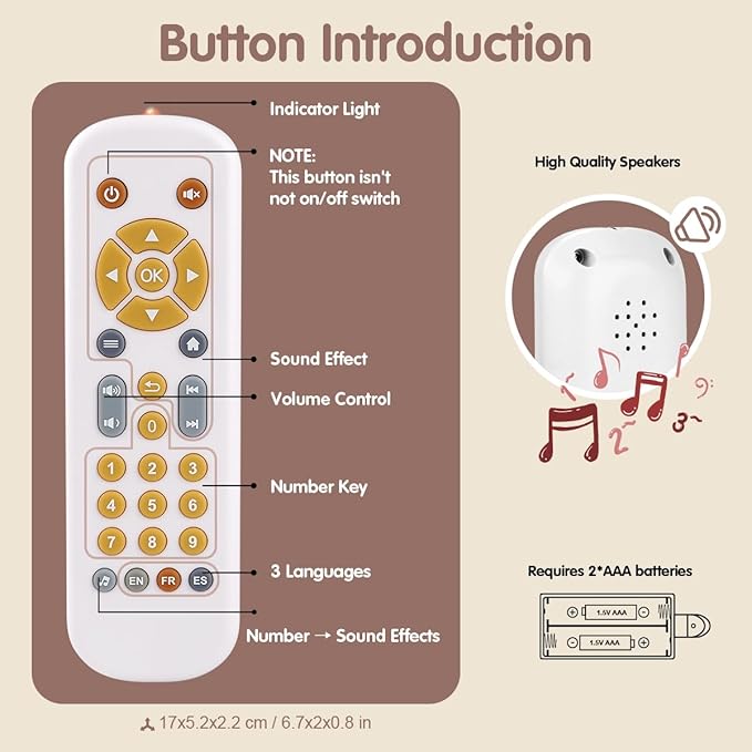 Nueplay Baby TV Remote Control Toy with Light and Sound, Toddler Realistic Controller with 3 Languages, Early Educational Learning Musical Toys, Preschool Infant Boys Girls 6, 12, 18 Months, White