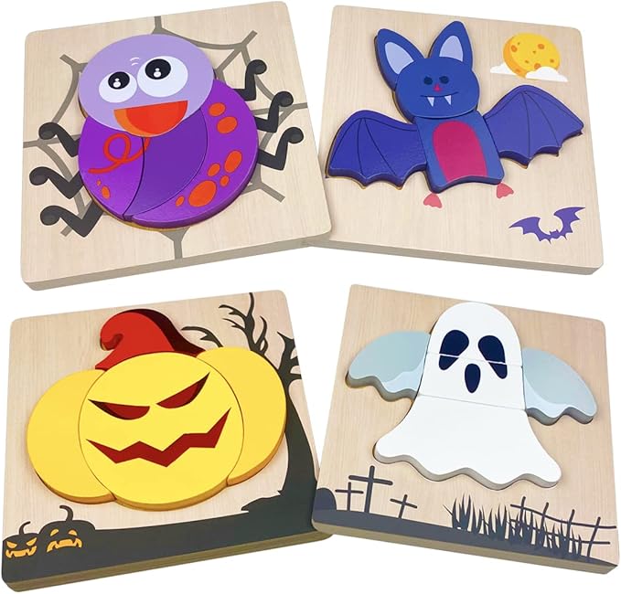 Anditoy 4 Pack Halloween Wooden Puzzles for Kids Toddlers Halloween Toys Party Favors Treat Bags Gifts