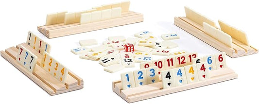 Upgraded Digital Rummy Card Games, 4 Player Travel Version with 4 Wooden Racks & 106 Melamine Tiles, Ideal Gifts for Men and Women
