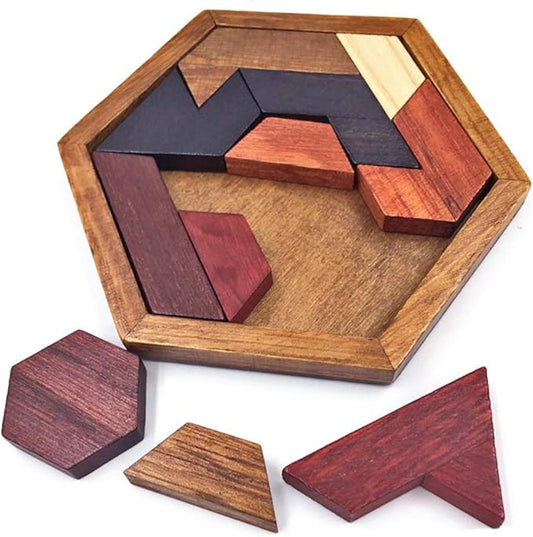 KINGOU Hexagon Tangram Puzzle Wooden Brain Puzzles for Kids & Adult Challenge Wooden Brain Teasers Puzzle Games for Family Party Gift - Brain Games for Kids