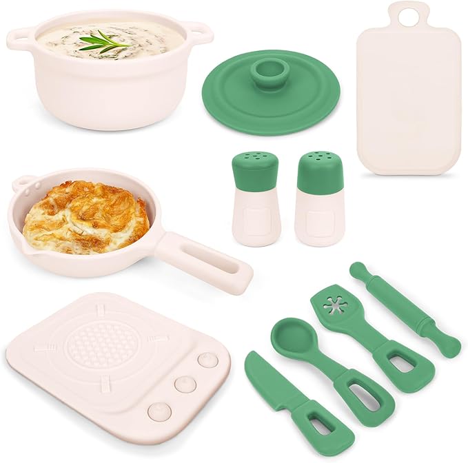 TYRY.HU Play Kitchen Accessories, 11Pcs Pretend Play Toys, BPA Free Silicone Play Kitchen Set, Pretend Play for Toddlers 1-3, Pretend Cooking Playset Cookware Utensils Gifts for Kids Girls Boys, Green