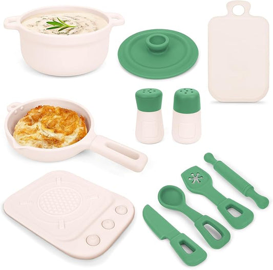 TYRY.HU Play Kitchen Accessories, 11Pcs Pretend Play Toys, BPA Free Silicone Play Kitchen Set, Pretend Play for Toddlers 1-3, Pretend Cooking Playset Cookware Utensils Gifts for Kids Girls Boys, Green