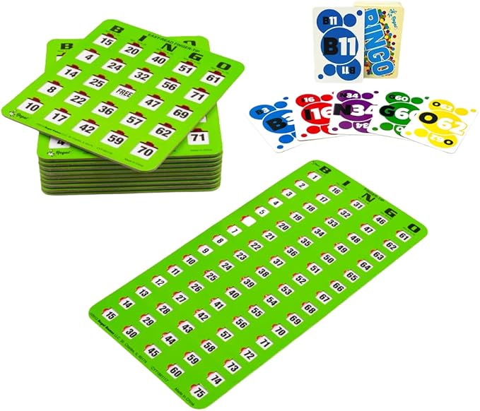Regal Bingo Game Set for Adults and Kids - 50 Bingo Cards with Sliding Windows, Reusable & Large Bingo Cards, 1 Master Board - Fun Family Game Night - No Chips & Daubers Needed - Green