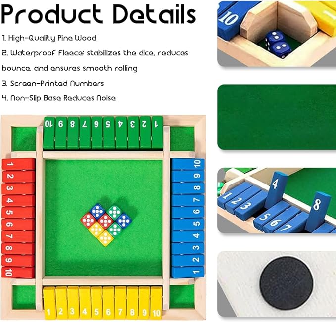 Shut The Box Game: 2-6 Player Wooden Board Math Game with 2-12 Dice | Educational Family Night Entertainment | Classic Pub Style | Funny Family Board Games (Colorful-Round 4 Players)
