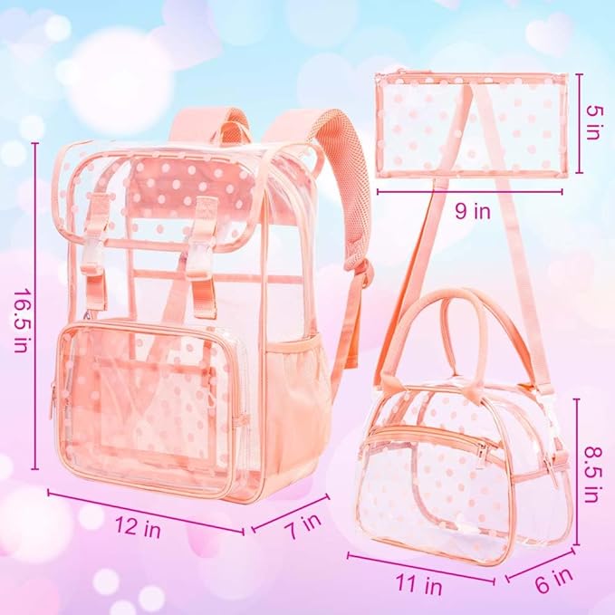 17" Polka Dot Clear Backpack for Girls - 3Pcs Flip Design Stadium Approved Set, Campus/School Transparent Bookbag (Pink)