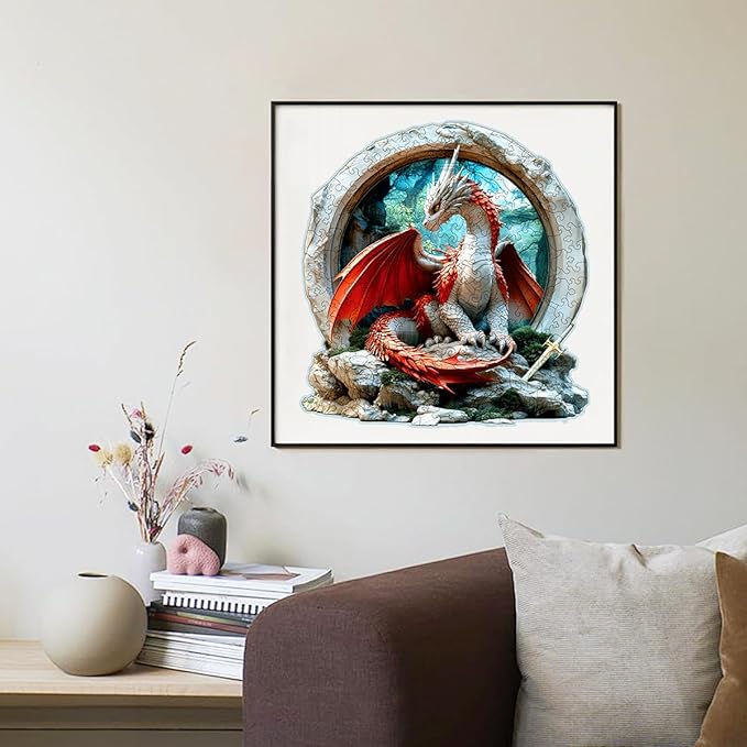 Wooden Jigsaw Puzzle, 200-500 Pieces Unique Shape Animal Puzzle, for Adults & Kids, Birthday Gift Family Game, Decorative Puzzle, Unique Gift (Dragon Warrior, 300 PCS)