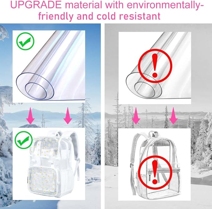 17" Daisy Clear Backpack for Girls - Flip Design Stadium Approved 3Pcs Set, Heavy Duty PVC Bookbag for Concert/School (White)
